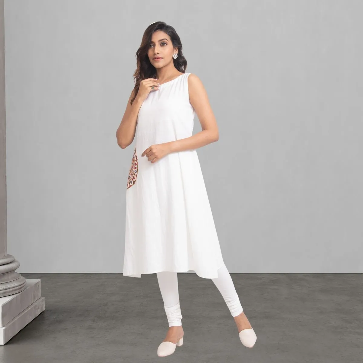 White Straight Kurta For Women | Rebari and Mirror Embroidered | Office Wear