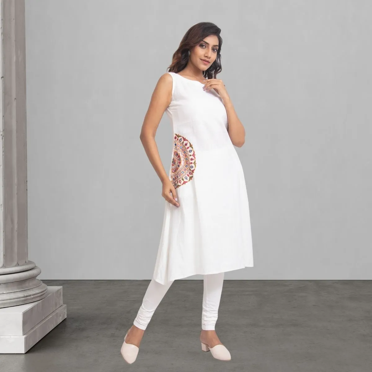 White Straight Kurta For Women | Rebari and Mirror Embroidered | Office Wear