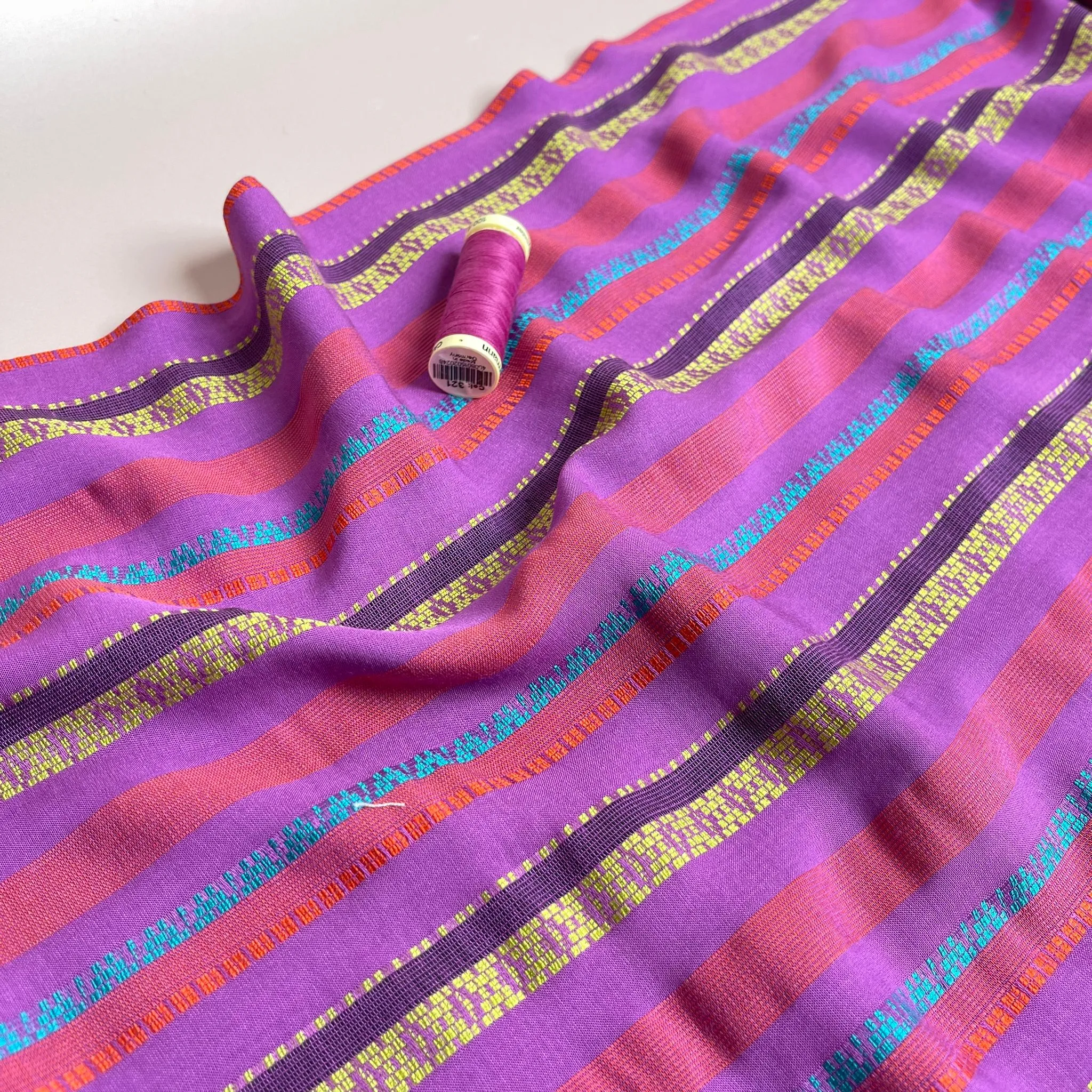 Yarn Dyed Embroidered Stripes on Pink Viscose Fabric